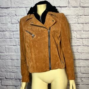7 for all Mankind Women’s Suede Leather Moto Jacket Dark Warm Tan L